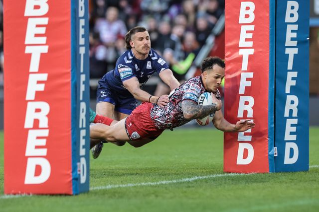 Liam Horne of Leigh Leopards runs in a solo try as he goes over during the Betfred Super League round 6 match Leigh Leopards vs Toulouse at Leigh Sports Village, Leigh, United Kingdom on 28 March 2026

(Photo by Mark Cosgrove/News Images)