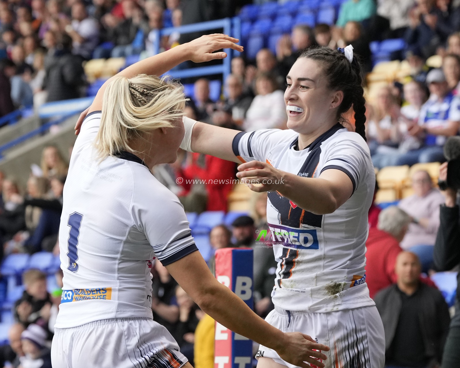 Tara-Jane Stanley #1 of England celebrates with try scorer Leah Burke #5 of Englnd during the Mid Season International match England Women vs France Women at Halliwell Jones Stadium, Warrington, United Kingdom, 29th April 2023

(Photo by Steve Flynn/News Images)