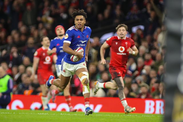 Theo Attissogbe of France scores a try for his team during the Guinness Six Nations match Wales vs France at Principality Stadium, Cardiff, United Kingdom, 15th February 2026

(Photo by Andrew Lewis/News Images)