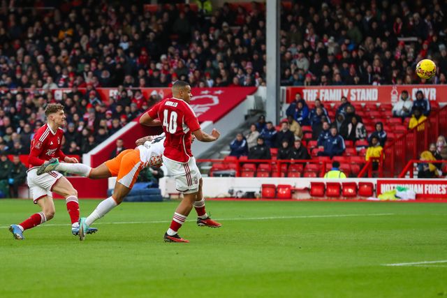 Jordan Lawrence-Gabriel of Blackpool scores to make it 1-0 during the Emirates FA Cup Third Round match Nottingham Forest vs Blackpool at City Ground, Nottingham, United Kingdom, 7th January 2024

(Photo by Gareth Evans/News Images)