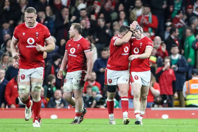 Tom Rogers of Wales (r) celebrates scoring his teams second try during the 2025 Guinness 6 Nations match Wales vs Ireland at Principality Stadium, Cardiff, United Kingdom, 22nd February 2025

(Photo by Andrew Lewis/News Images)