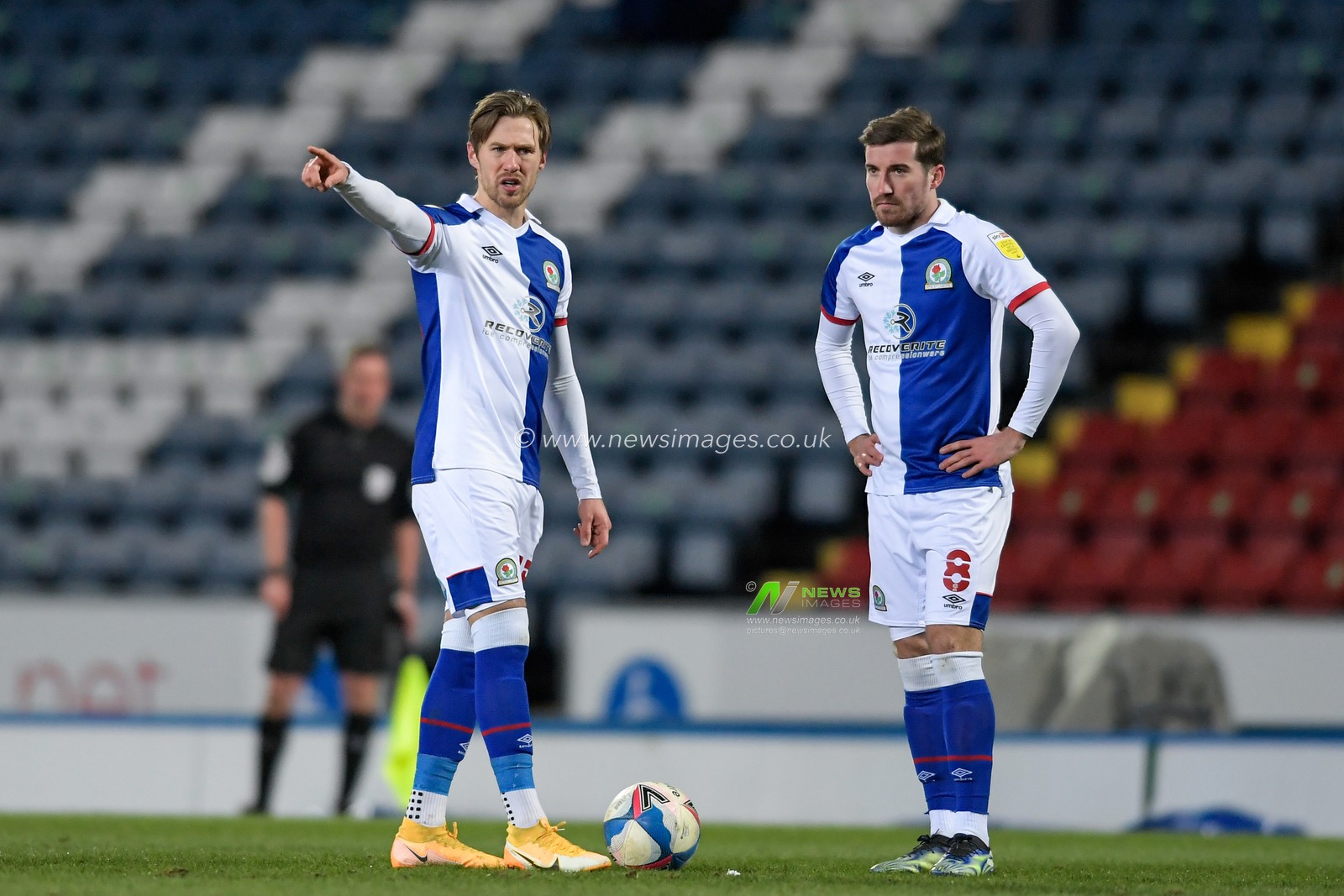 Barry Douglas #15 of Blackburn Rovers and Joe Rothwell #8 plan a free kick