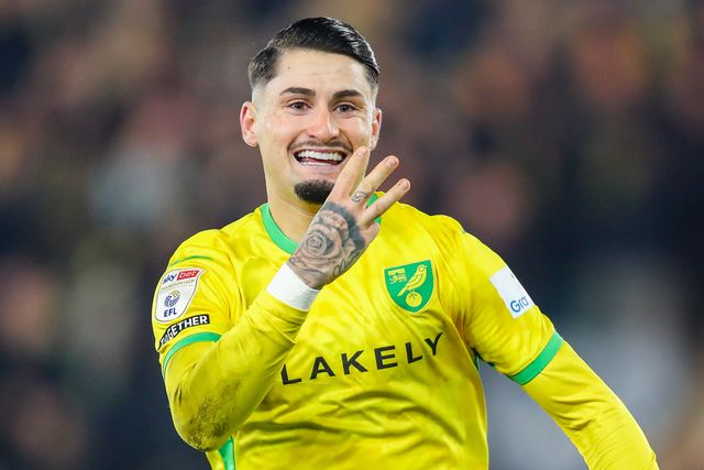 Borja Sainz of Norwich City celebrates his hat trick to make it 4-1 during the Sky Bet Championship match Norwich City vs Plymouth Argyle at Carrow Road, Norwich, United Kingdom, 26th November 2024

(Photo by Izzy Poles/News Images)