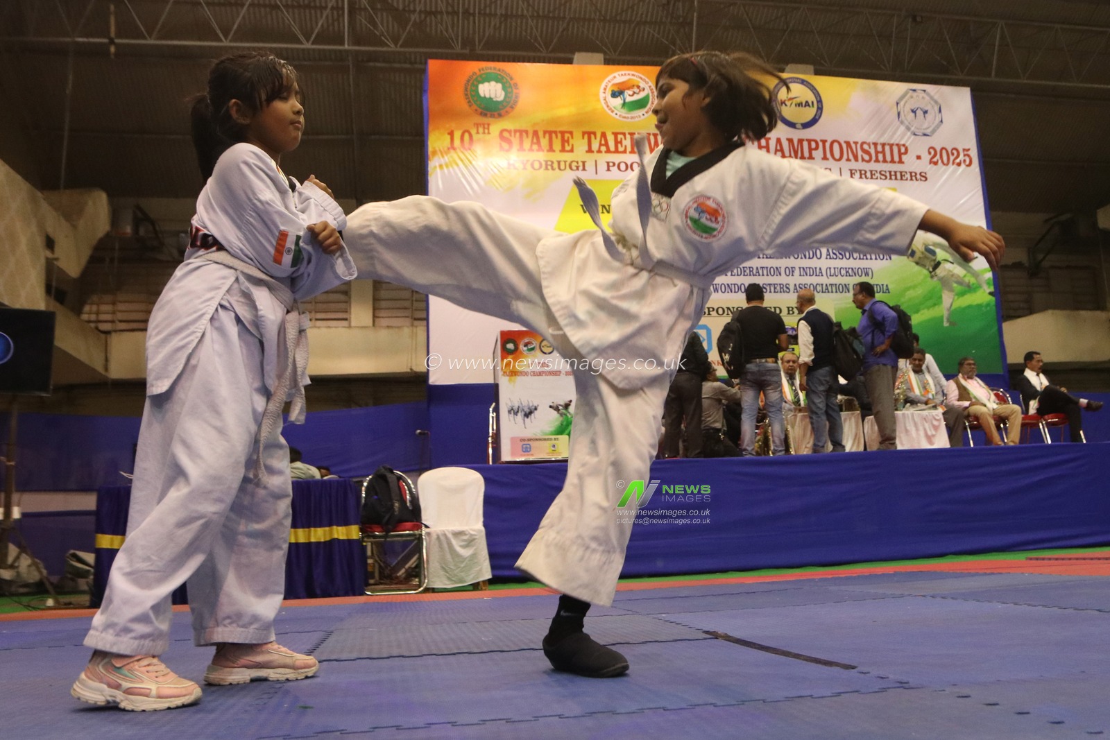 Students demonstrate their karate skills during 10th State Taekwondo Champianship 2025 in Kolkata,India on February 1,2025,Pictures by Debajyoti Chakraborty.(Photo: Debajyoti Chakraborty/News Images)