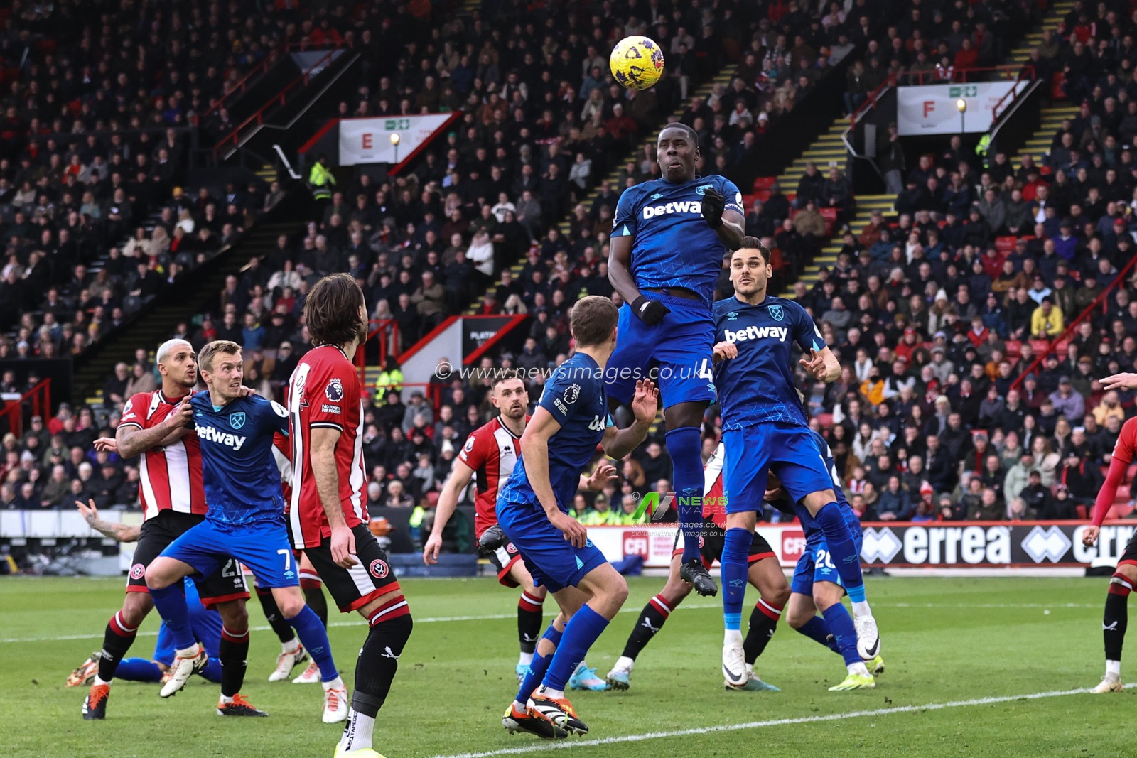 Kurt Zouma of West Ham United heads the ball clear from a Sheffield United corner during the Premier League match Sheffield United vs West Ham United at Bramall Lane, Sheffield, United Kingdom, 21st January 2024

(Photo by Mark Cosgrove/News Images)