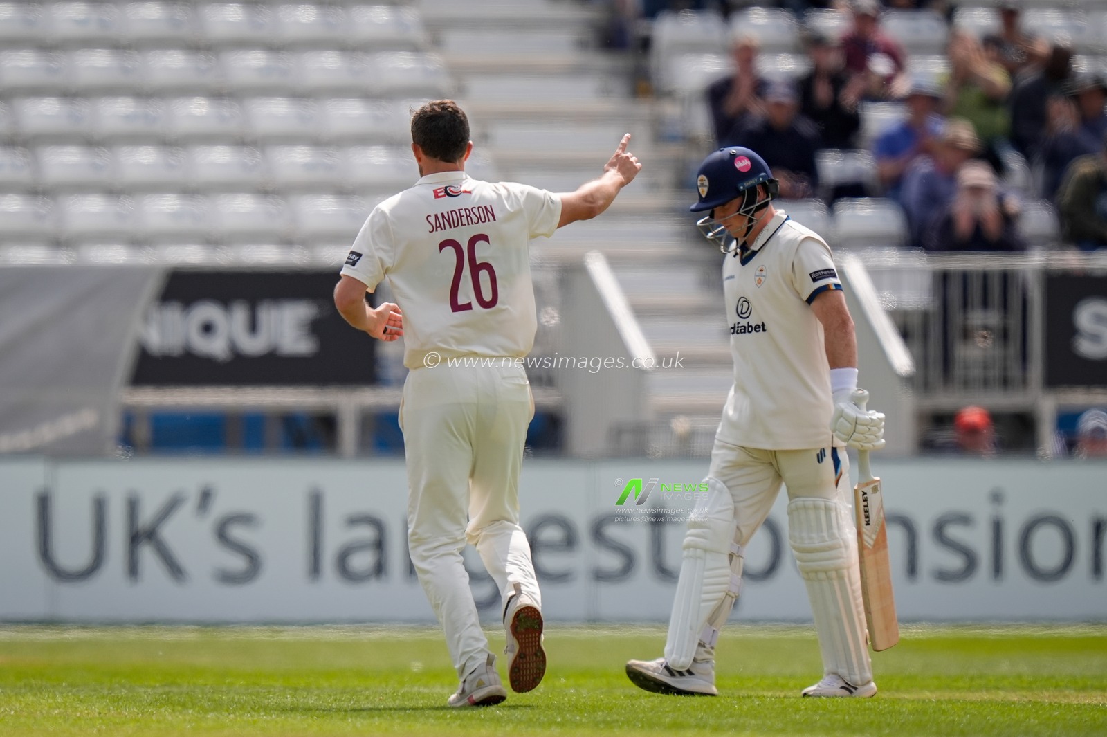 Ben Sanderson of Northamptonshire celebrates the wicket of Harry Came out caught during the County Championship Division Two Derbyshire vs Northamptonshire day one match at The Central Co-Op County Ground, Derby, United Kingdom on 08 May 2026

(Photo by Maynard Manyowa/News Images)