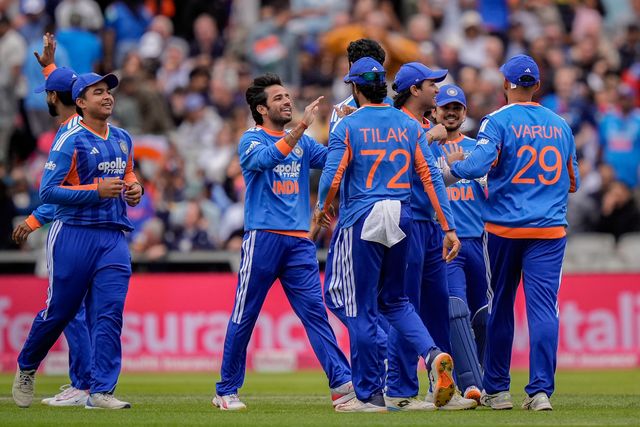 Ishan Kishan of India celebrates the wicket of Jos Buttler of England who clips the ball to mid wicket and is caught off the bowling of Arshdeep Singh of India during the Second Vitality T20 International match England vs India at Old Trafford, Manchester, United Kingdom on 04 July 2026

(Photo by Maynard Manyowa/News Images)