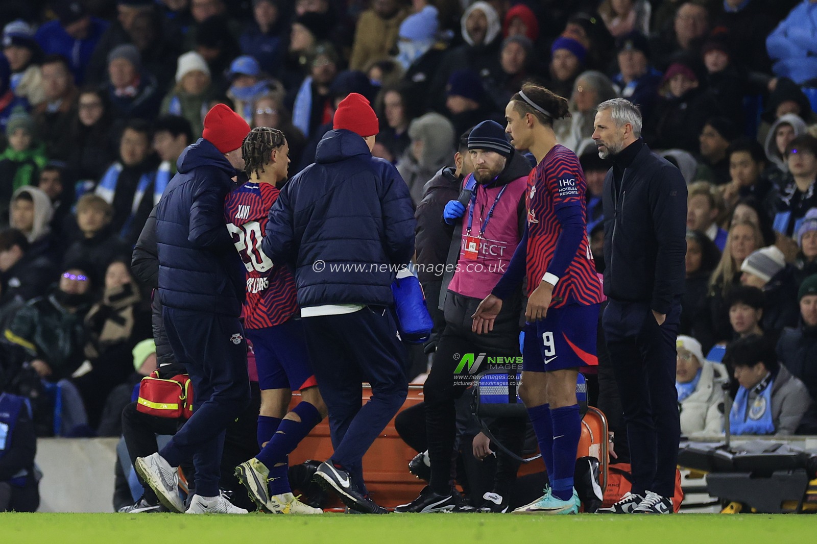 Xavi Simons #20 of RB Leipzig is substituted by Yussuf Poulsen #9 of RB Leipzig during the UEFA Champions League Group G match Manchester City vs RB Leipzig at Etihad Stadium, Manchester, United Kingdom, 28th November 2023

(Photo by Conor Molloy/News Images)