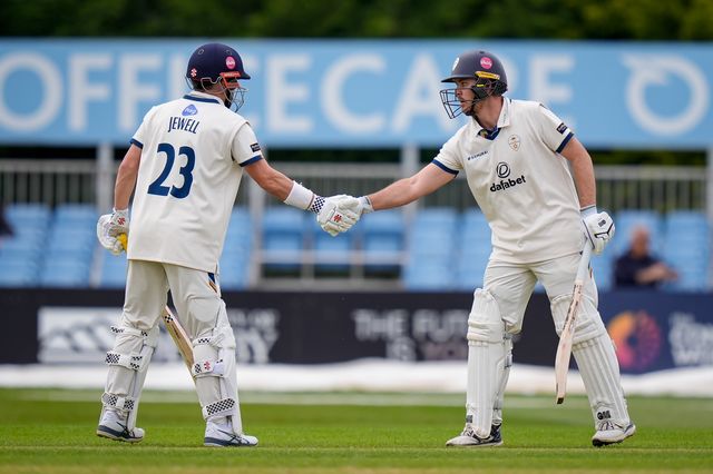 Matthew Montgomery of Derbyshire congratulated by Caleb Jewell of Derbyshire after scoring a 50 during the County Championship Division Two Derbyshire vs Northamptonshire day one match at The Central Co-Op County Ground, Derby, United Kingdom on 08 May 2026

(Photo by Maynard Manyowa/News Images)