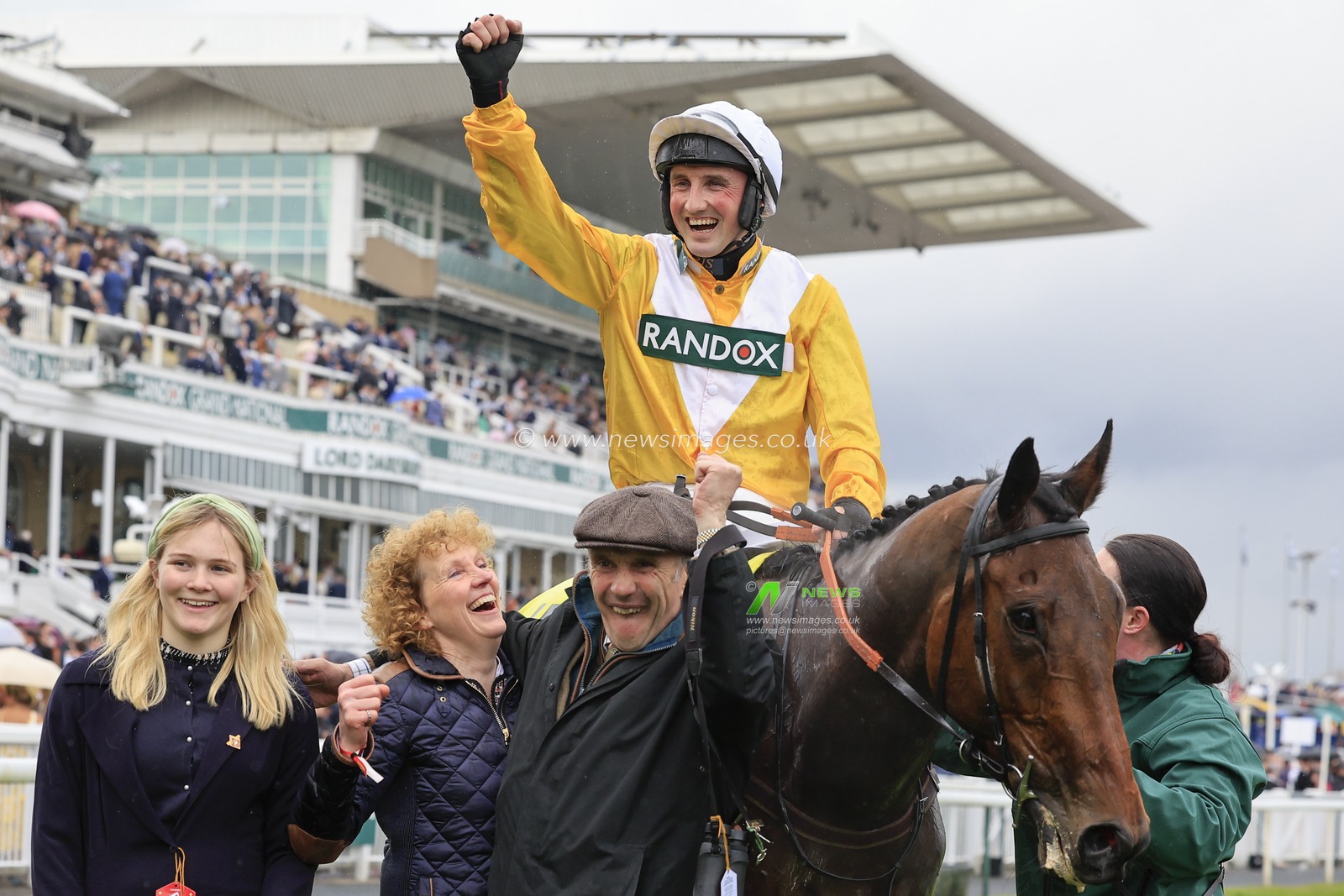 The joy of the connections as Apple Away ridden by Stephen Mulqueen wins The Sefton Novices Hurdle at the Randox Grand National festival 2023 Ladies Day at Aintree Racecourse, Liverpool, United Kingdom, 14th April 2023

(Photo by Conor Molloy/News Images)