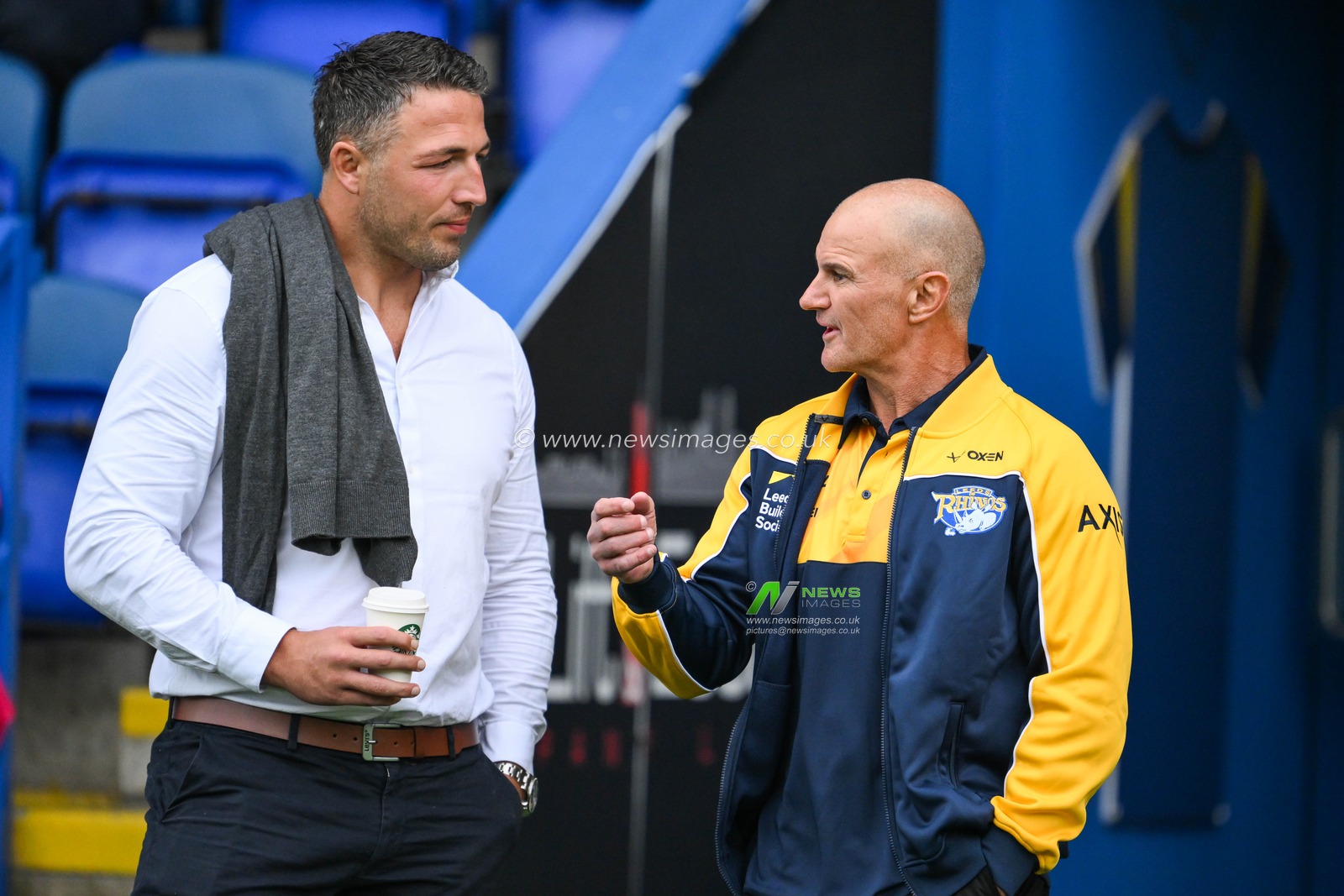 Sam Burgess Head Coach of Warrington Wolves chats to Brad Arthur Head Coach of Leeds Rhinos ahead of the Betfred Super League Round 17 match Warrington Wolves vs Leeds Rhinos at Halliwell Jones Stadium, Warrington, United Kingdom, 11th July 2024

(Photo by Craig Thomas/News Images)