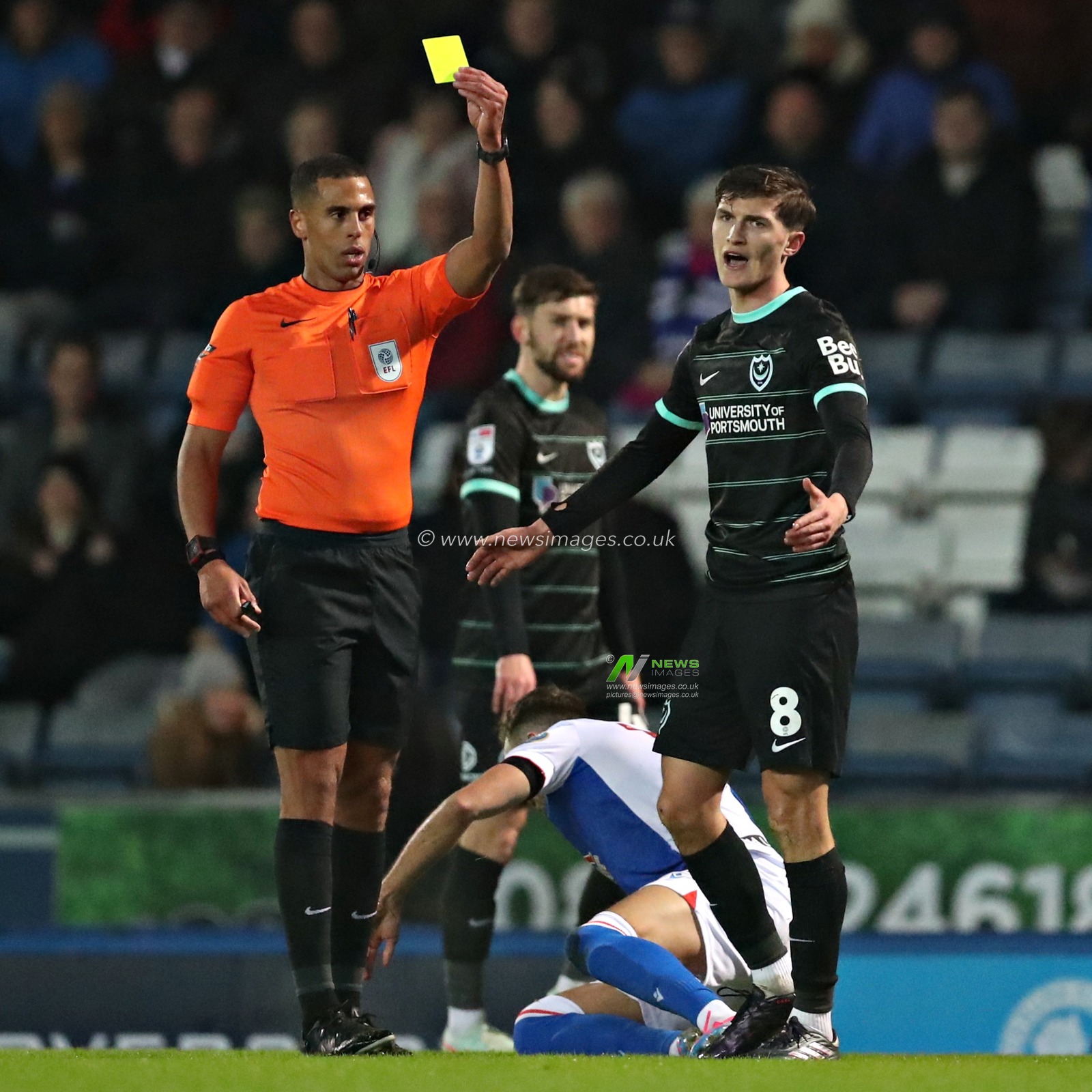 Freddie Potts of Portsmouth is shown a yellow card during the Sky Bet Championship match Blackburn Rovers vs Portsmouth at Ewood Park, Blackburn, United Kingdom, 15th January 2025

(Photo by Sam Eaden/News Images)