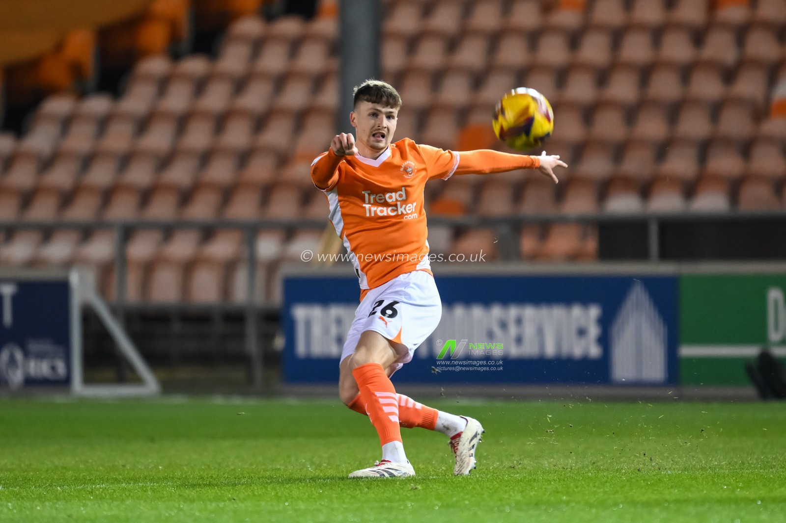 Zac Ashworth of Blackpool plays the ball forward during the The Vertu Trophy match Blackpool vs Aston Villa U21 at Bloomfield Road, Blackpool, United Kingdom, 17th December 2024

(Photo by Craig Thomas/News Images)