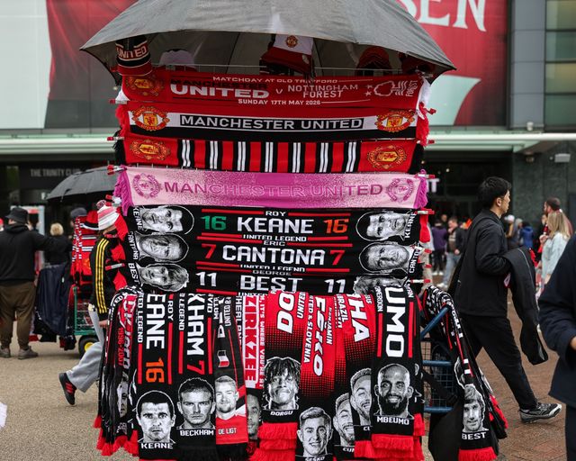 Manchester United scarfs on sale outside Old Trafford during the Premier League match Manchester United vs Nottingham Forest at Old Trafford, Manchester, United Kingdom on 17 May 2026

(Photo by Mark Cosgrove/News Images)