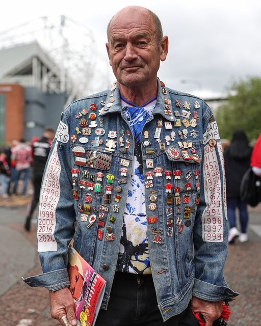 Manchester United fan with pin badges on his denim coat during the Premier League match Manchester United vs Liverpool at Old Trafford, Manchester, United Kingdom on 03 May 2026

(Photo by Mark Cosgrove/News Images)