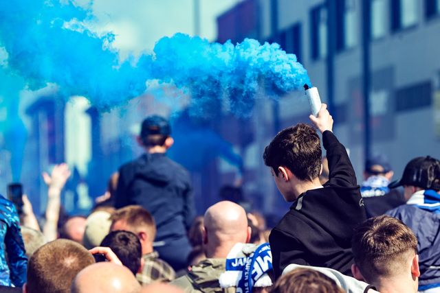 Everton fans arrive at Hill Dickinson with flares ready for derby day during the Premier League match Everton vs Liverpool at Hill Dickinson Stadium, Liverpool, United Kingdom on 19 April 2026

(Photo by Alfie Cosgrove/News Images)