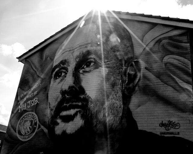 Pep Guardiola manager of Manchester City mural on a fans house just over the road from the Etihad Stadium during the Premier League match Manchester City vs Arsenal at Etihad Stadium, Manchester, United Kingdom on 19 April 2026

(Photo by Mark Cosgrove/News Images)
