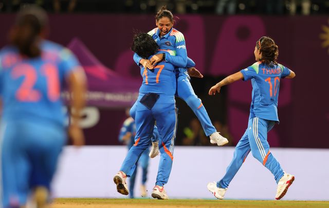 Shafali Verma of India takes the wicket of Sune Luus of South Africa and celebrates wit Harmanpreet Kaur (Captain) of India , Renuka Singh Thakur of India during the ICC Women's ODI Cricket World Cup Final 2025 session India Women vs South Africa Women at Dr. D.Y. Patil Sports Academy, Navi Mumbai, India, 2nd November 2025

(Photo by Shubhajit Roy Karmakar/News Images)