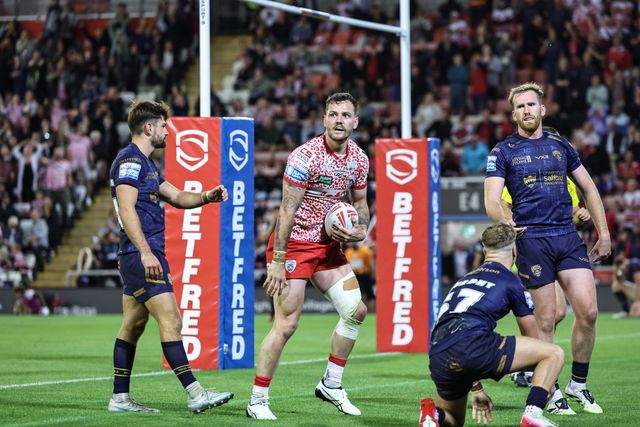 Ethan O'neill of Leigh Leopards celebrates his try during the Betfred Super League Round 23 match Leigh Leopards vs Salford Red Devils at Leigh Sports Village, Leigh, United Kingdom, 22nd August 2025

(Photo by Mark Cosgrove/News Images)