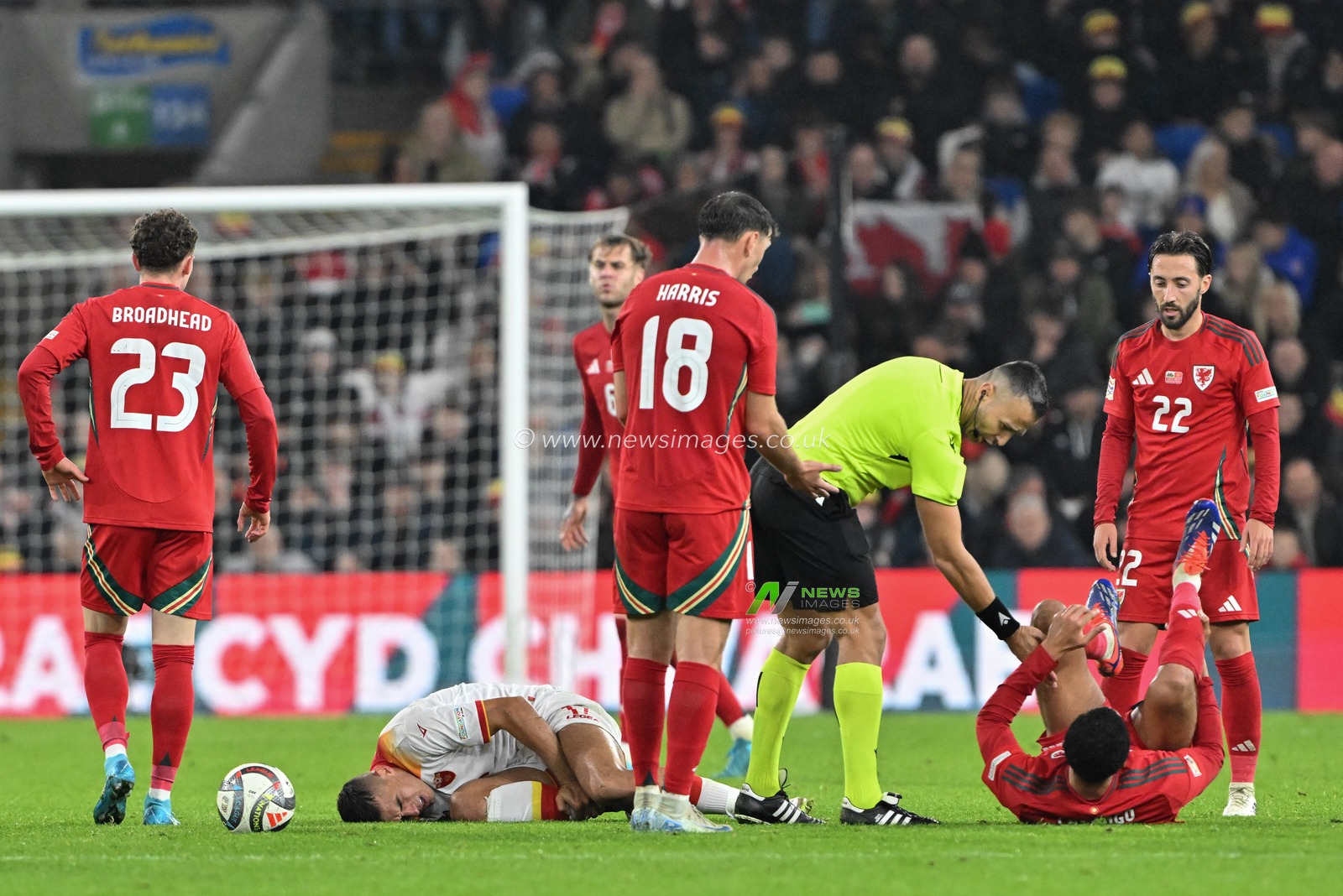 Nikola KrstoviÄ‡ of Montenegro and Ben Cabango of Wales go down during the UEFA Nations League - League B - Group 4 match Wales vs Montenegro at Cardiff City Stadium, Cardiff, United Kingdom, 14th October 2024

(Photo by Cody Froggatt/News Images)