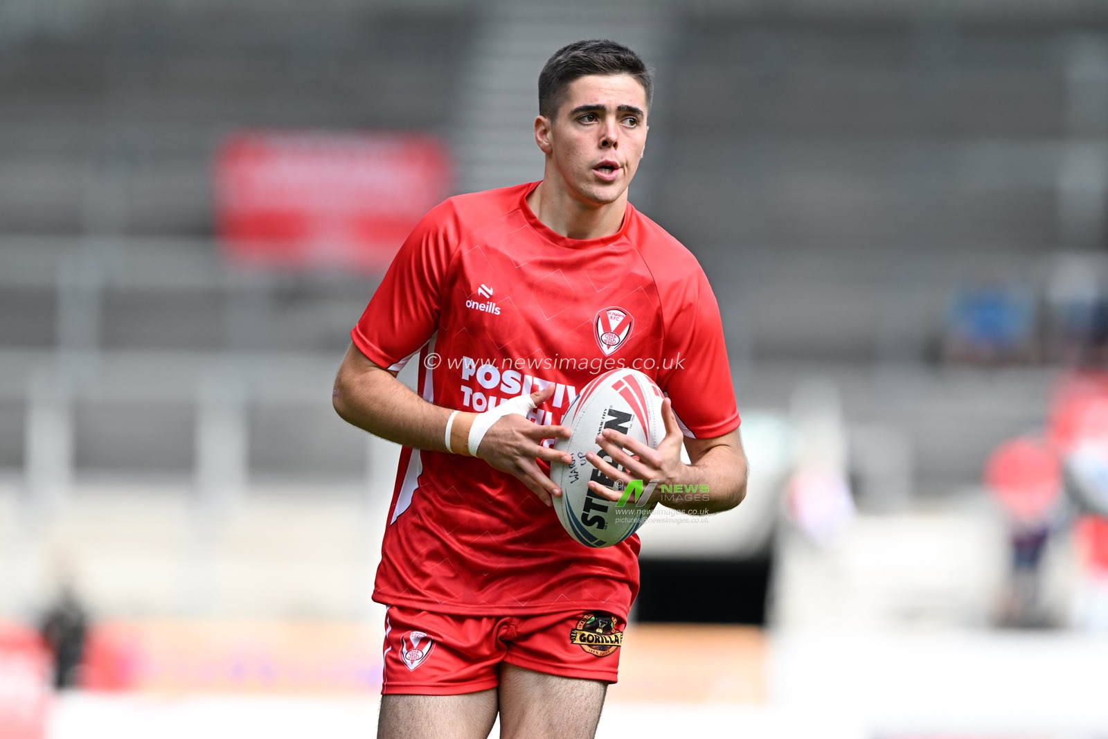 George Whitby of St. Helens warms up ahead of the Betfred Super League Round 23 match St Helens vs Hull KR at Totally Wicked Stadium, St Helens, United Kingdom, 24th August 2024

(Photo by Cody Froggatt/News Images)