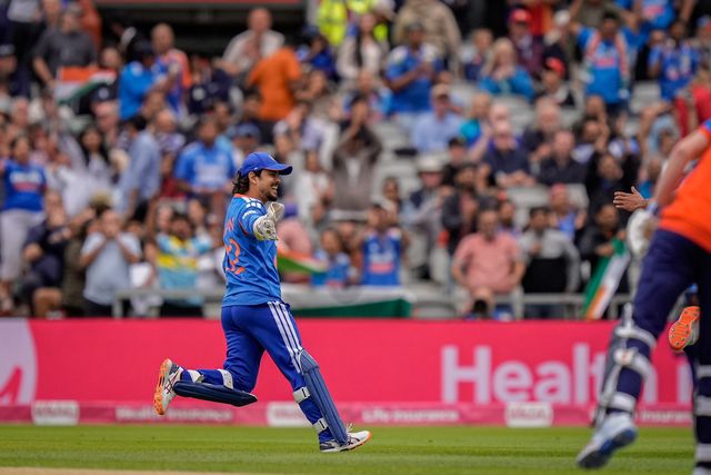 Ishan Kishan of India celebrates the wicket of Jos Buttler of England who clips the ball to mid wicket and is caught off the bowling of Arshdeep Singh of India during the Second Vitality T20 International match England vs India at Old Trafford, Manchester, United Kingdom on 04 July 2026

(Photo by Maynard Manyowa/News Images)