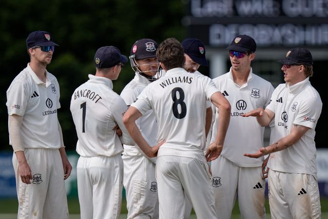 Gloucestershire players celebrate after Brooke Guest of Derbyshire is bowled by Will Williams during the county Championship Division Two day 4 Derbyshire vs Gloucestershire at The Central Co-Op County Ground, Derby, United Kingdom on 27 April 2026

(Photo by Maynard Manyowa/News Images)