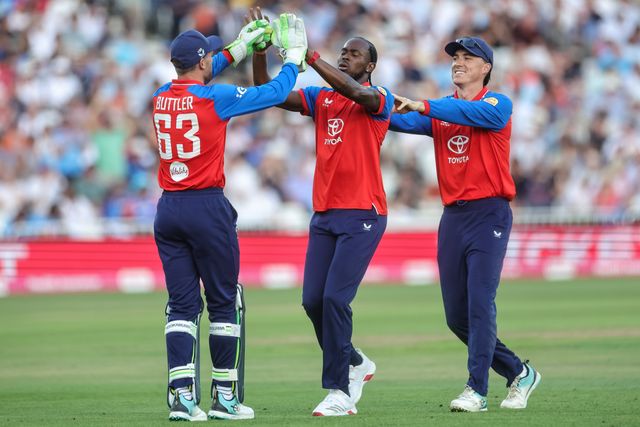 Jofra Archer of England celebrates the wicket of  Axar Patel of India during the Third Vitality T20 International match England vs India at Trent Bridge, Nottingham, United Kingdom on 07 July 2026

(Photo by Mark Cosgrove/News Images)