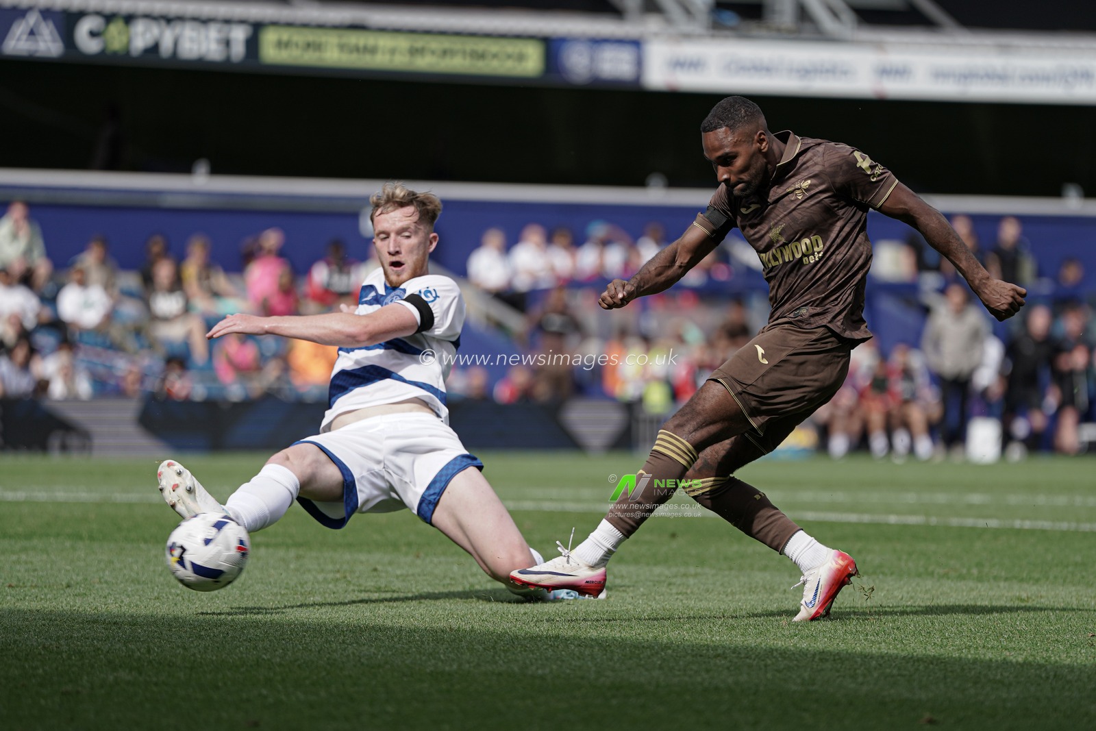 Rico Henry of Brentford has a shot on goal during the Pre-season friendly match Queens Park Rangers vs Brentford at Kiyan Prince Foundation Stadium, London, United Kingdom, 2nd August 2025

(Photo by Harvey Murphy/News Images)