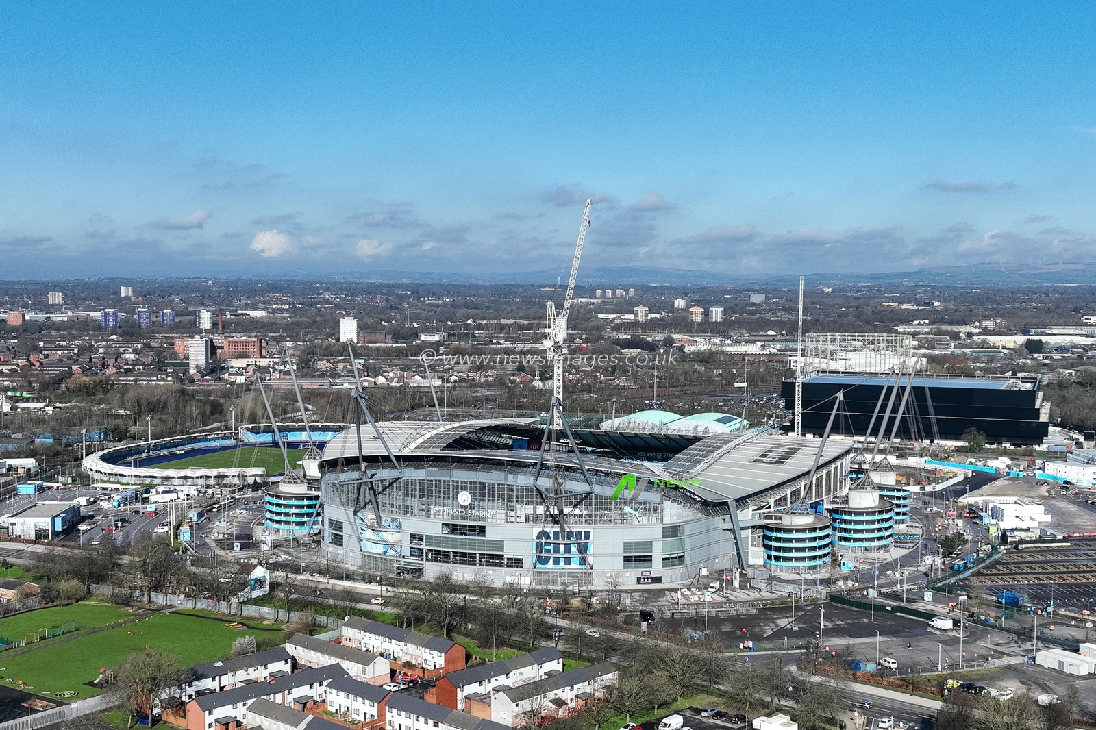 An aerial view of the Etihad Stadium ahead of the Premier League match Manchester City vs Manchester United at Etihad Stadium, Manchester, United Kingdom, 3rd March 2024

(Photo by Mark Cosgrove/News Images)