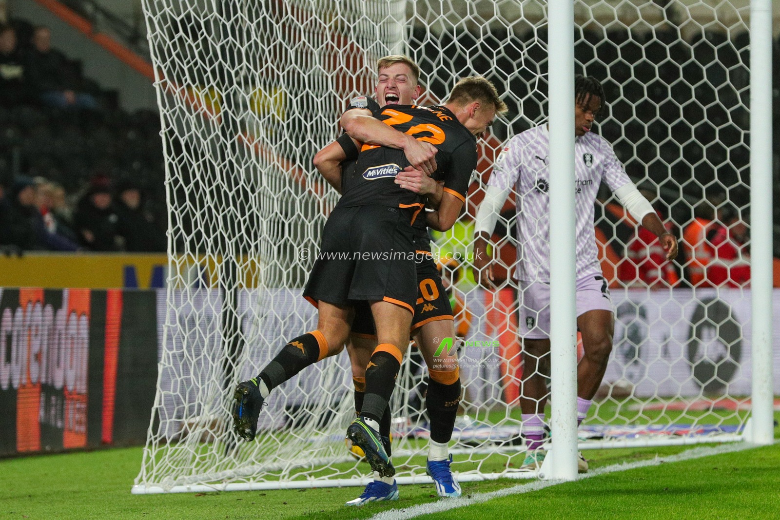 Scott Twine #30 of Hull City celebrates his goal with Liam Delap #20 of Hull City and makes the score 3-0 during the Sky Bet Championship match Hull City vs Rotherham United at MKM Stadium, Hull, United Kingdom, 28th November 2023

(Photo by James Heaton/News Images)