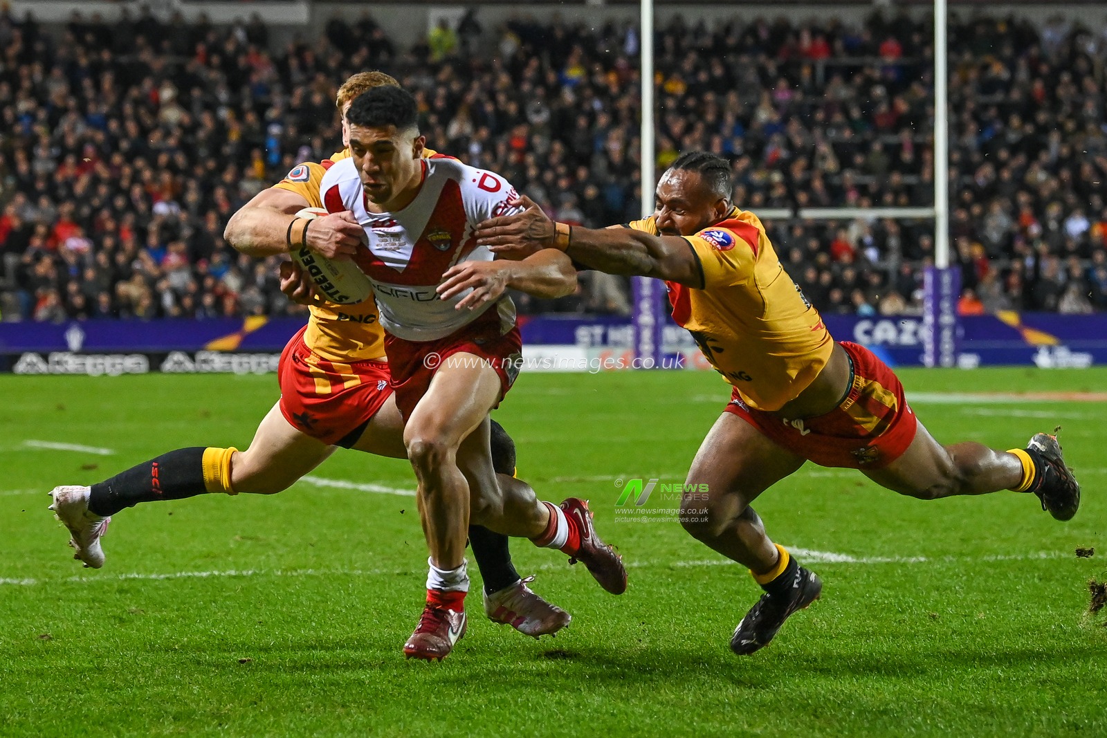 Tolutaâ€™u Koula of Tonga makes a break during the Rugby League World Cup 2021 match Tonga vs Papua New Guinea at Totally Wicked Stadium, St Helens, United Kingdom, 18th October 2022

(Photo by Craig Thomas/News Images)