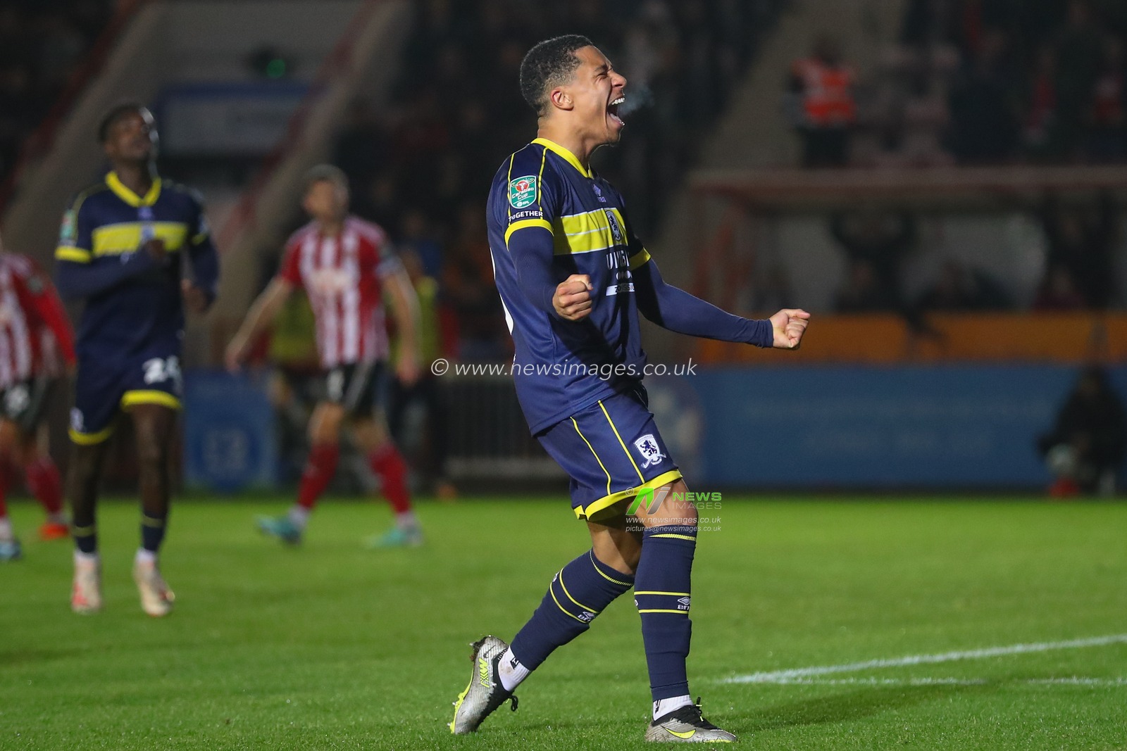 Samuel Silvera #18 of Middlesbrough celebrates his goal to make it 1-2 during the Carabao Cup match Exeter City vs Middlesbrough at St James' Park, Exeter, United Kingdom, 31st October 2023

(Photo by Gareth Evans/News Images)