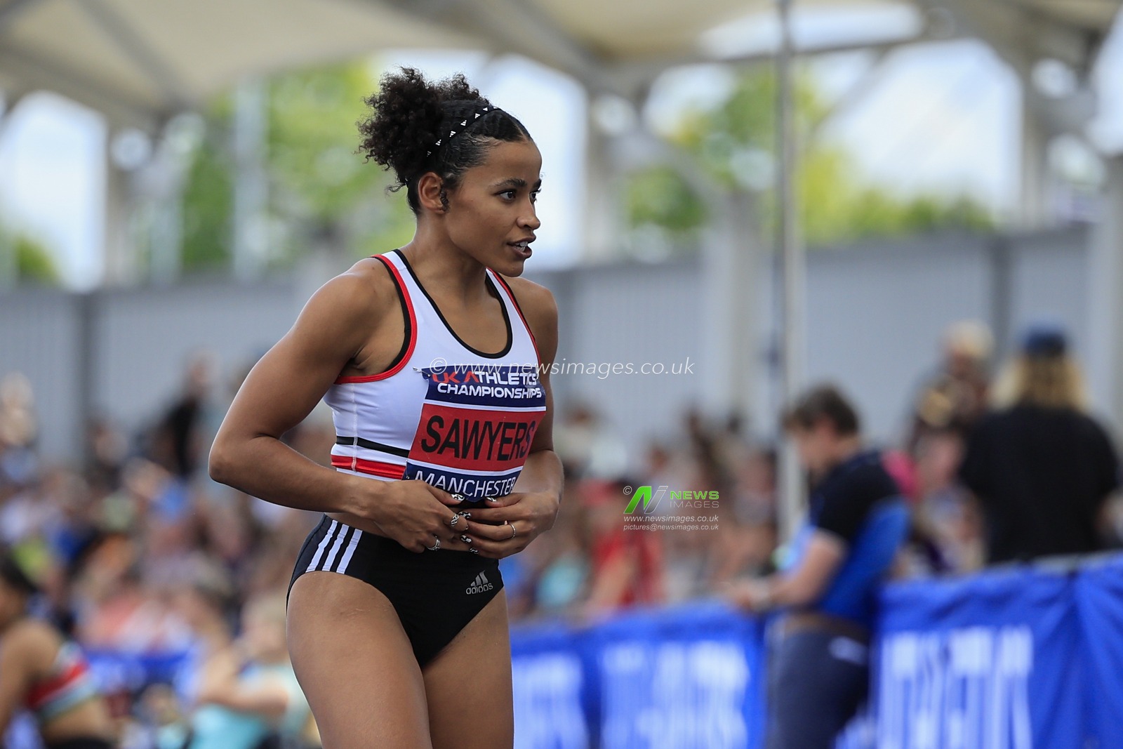 Jazmin Sawyers on her way to winning the womenâ€™s high jump gold medal during the UK Athletics Championships at Manchester Regional Arena, Manchester, United Kingdom, 9th July 2023

(Photo by Conor Molloy/News Images)