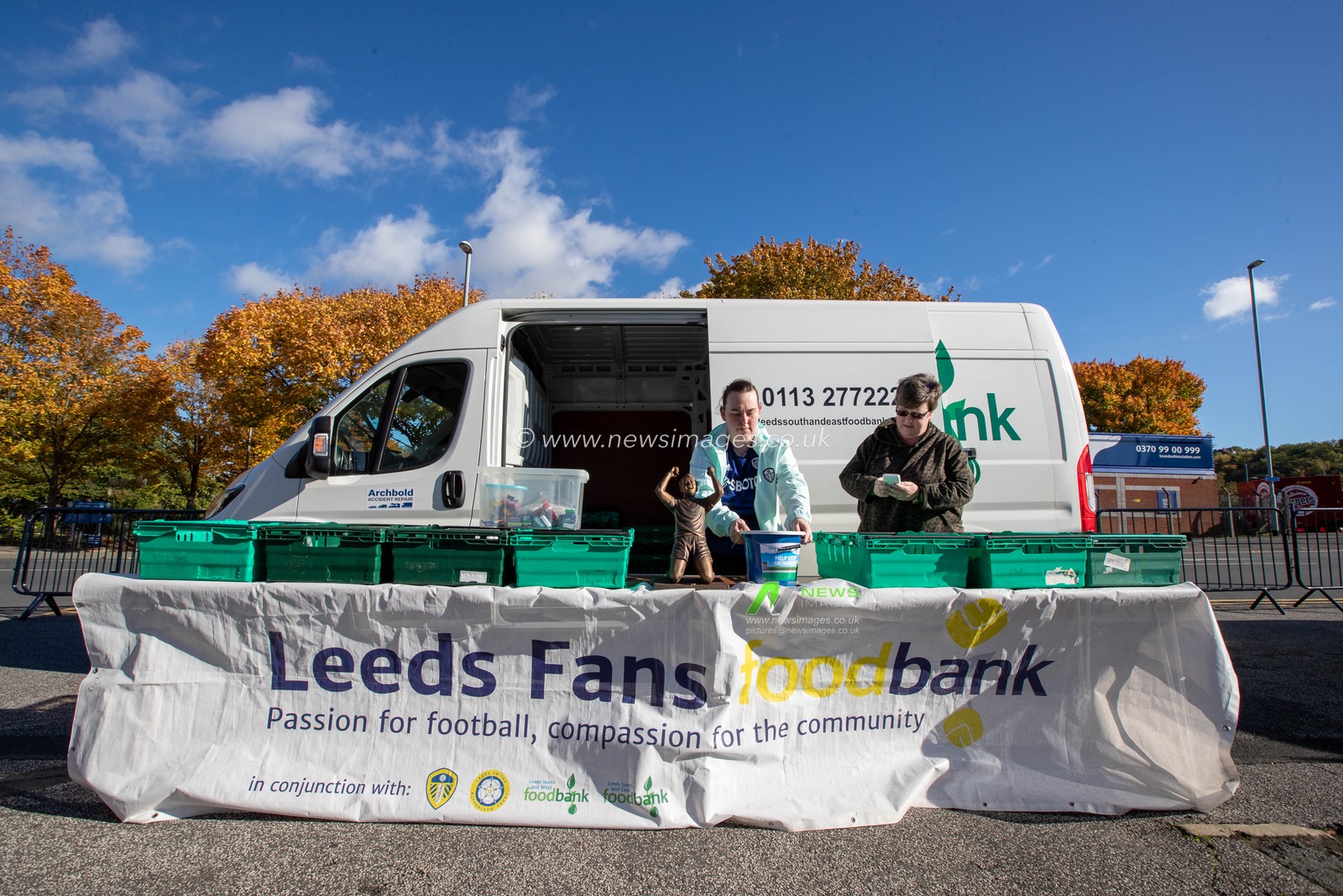 A food bank is set up outside Elland Road Stadium ahead of the Premier League match Leeds United vs Arsenal at Elland Road, Leeds, United Kingdom, 16th October 2022

(Photo by James Heaton/News Images)