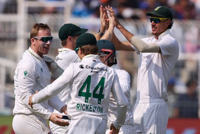 Simon Harmer of South Africa celebrates with Sisanda Magala of South Africa  and Marco Jansen of South Africa including team South Africa after taking wicket of Dhruv Jurel of India during the IDFC First Bank Test Day 3 match India vs South Africa at Eden Gardens, Kolkata, India, 16th November 2025

(Photo by Shubhajit Roy Karmakar/News Images)