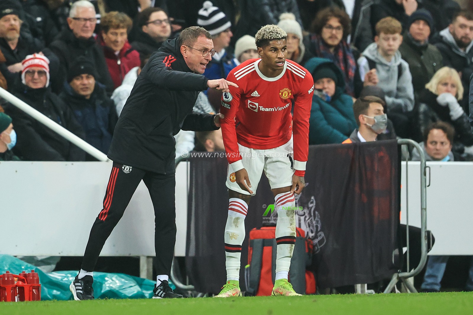 Ralf Rangnick manager of Manchester United gives instructions to Marcus Rashford #10