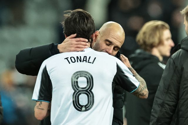 Pep Guardiola manager of Manchester City speaks to Sandro Tonali of Newcastle Untied after the final whistle during the Carabao Cup Semi-finals First Leg Newcastle United vs Manchester City at St. James's Park, Newcastle, United Kingdom, 13th January 2026

(Photo by Mark Cosgrove/News Images)