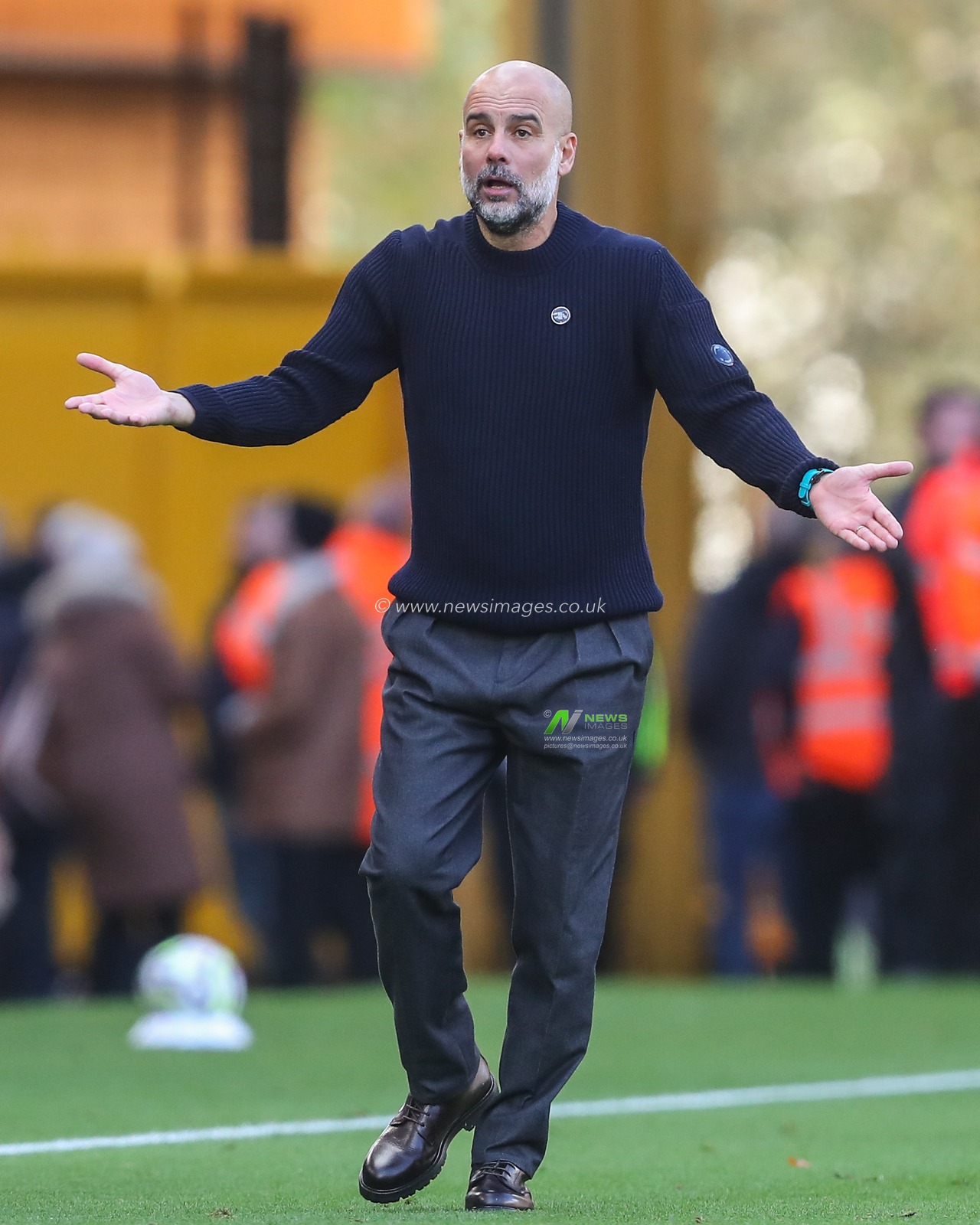Pep Guardiola manager of Manchester City reacts to VAR checking the goal by John Stones of Manchester City to make it 1-2 during the Premier League match Wolverhampton Wanderers vs Manchester City at Molineux, Wolverhampton, United Kingdom, 20th October 2024

(Photo by Gareth Evans/News Images)