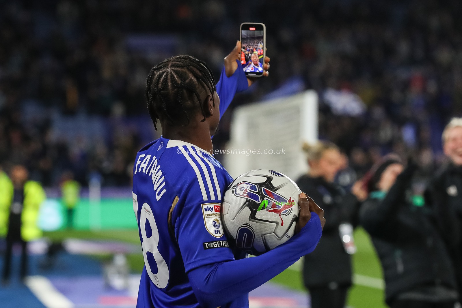 Hat-trick hero Abdul Fatawu of Leicester City takes a selfie with the match ball during the Sky Bet Championship match Leicester City vs Southampton at King Power Stadium, Leicester, United Kingdom, 23rd April 2024

(Photo by Gareth Evans/News Images)