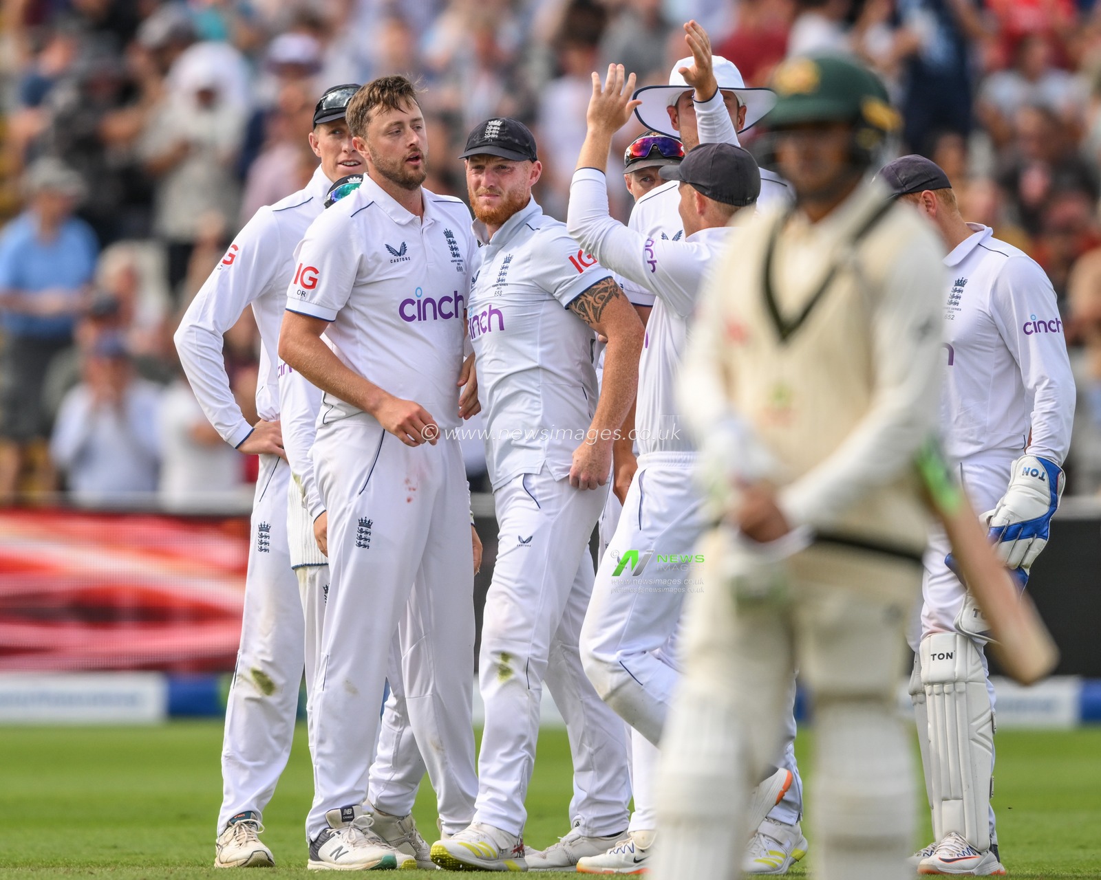 Ollie Robinson of England celebrates bowling Cameron Green of Australia out with Ben Stokes of England during the LV= Insurance Ashes First Test Series Day 5 England v Australia at Edgbaston, Birmingham, United Kingdom, 20th June 2023

(Photo by Craig Thomas/News Images)