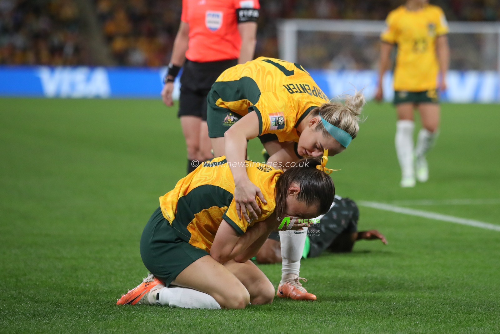 Hayley Raso #16 of Australia and Ellie Carpenter #21 of Australia during the FIFA Women's World Cup 2023 Group B match Australia Women vs Nigeria Women at Suncorp Stadium, Brisbane, Australia, 27th July 2023

(Photo by Patrick Hoelscher/News Images)