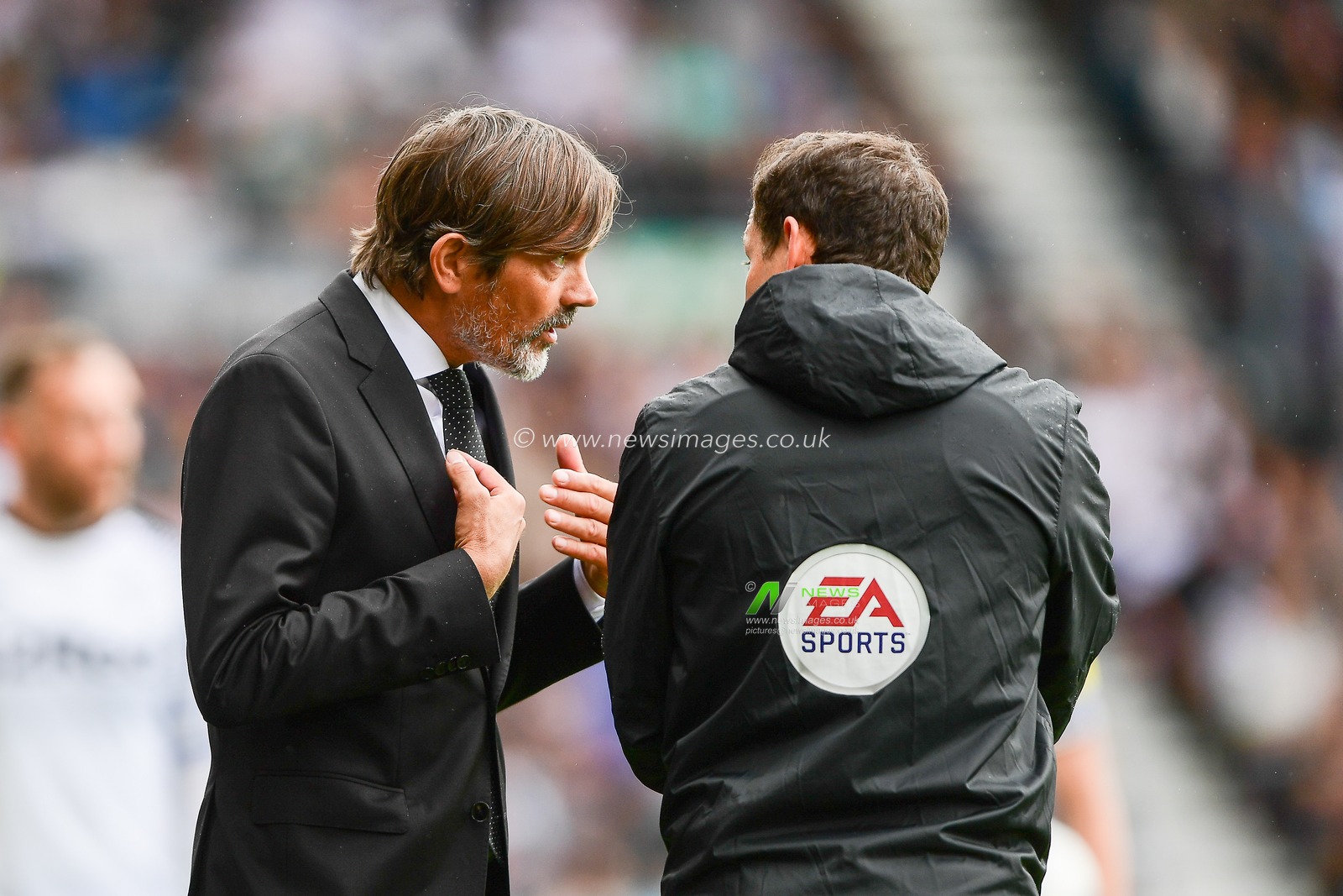 10th August 2019, Pride Park, Derby, England; Sky Bet Championship, Derby County vs Swansea City ; Phillip Cocu, Manager of Derby County has words with the 4th official

Credit: Jon Hobley/News Images 

English Football League images are subject to DataCo Licence