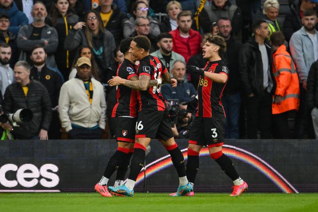 Justin Kluivert of Bournemouth celebrates scoring a penalty  to make the score 1-3during the Premier League match Wolverhampton Wanderers vs Bournemouth at Molineux, Wolverhampton, United Kingdom, 30th November 2024

(Photo by Craig Thomas/News Images)