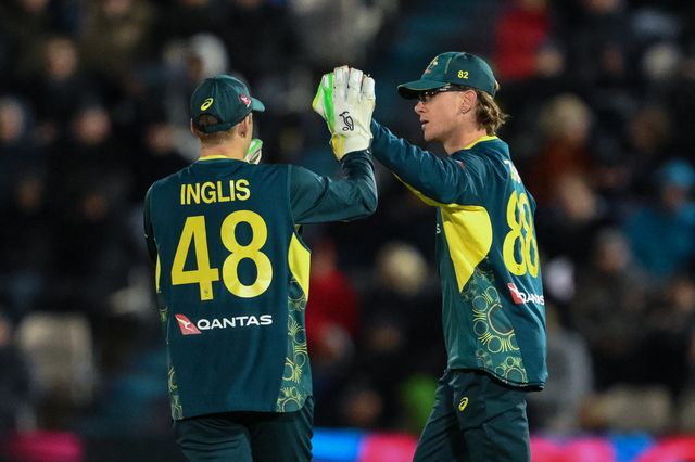 Adam Zappa of Australia celebrates catching Sam Curran of England with Josh Inglis of Australia during the First Vitality IT20 Series match England vs Australia at The Utilita Bowl, Southampton, United Kingdom, 11th September 2024

(Photo by Craig Thomas/News Images)