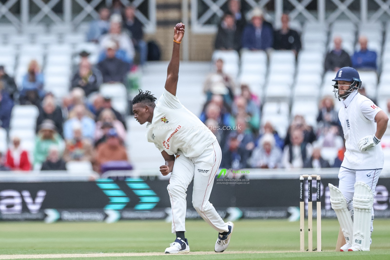 Richard Ngarava of Zimbabwe deliver the first ball of the day during the Rothesay Test Match Day 1 England vs Zimbabwe at Trent Bridge, Nottingham, United Kingdom, 22nd May 2025

(Photo by Mark Cosgrove/News Images)