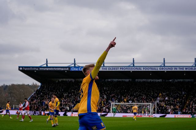 Will Evans of Mansfield Town celebrates his goal to make it  1-1 during the Emirates FA Cup fifth round match Mansfield Town vs Arsenal at One Call Stadium, Mansfield, United Kingdom on 07 March 2026

(Photo by Maynard Manyowa/News Images)