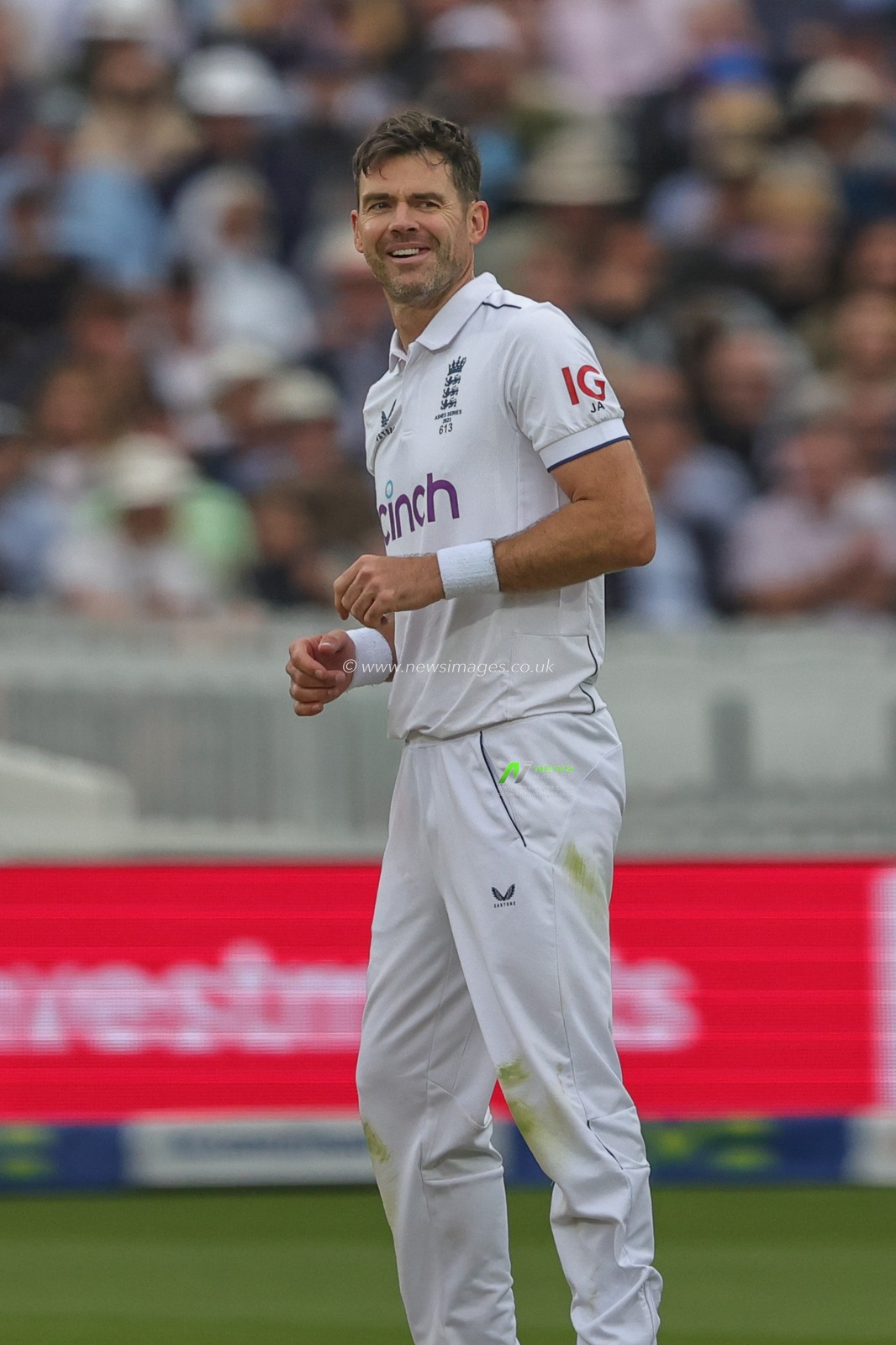 James Anderson of England full of smiles during the LV= Insurance Ashes Test Series Second Test Day 3 England v Australia at Lords, London, United Kingdom, 30th June 2023

(Photo by Mark Cosgrove/News Images)