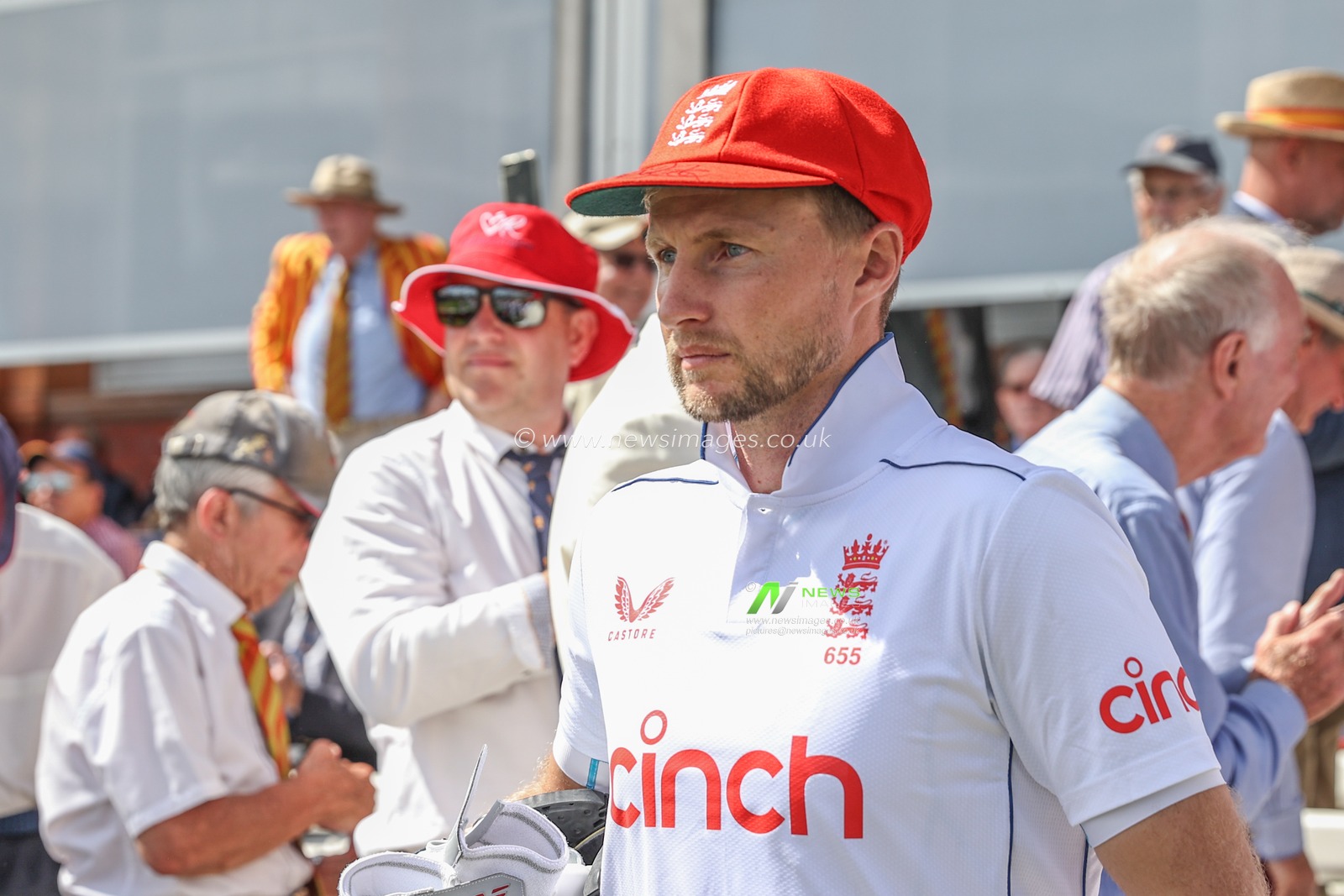 Joe Root of England walks out wearing a Red For Ruth England hat during the Rothesay Test Match Day Two England v West Indies at Lords, London, United Kingdom, 11th July 2024

(Photo by Mark Cosgrove/News Images)