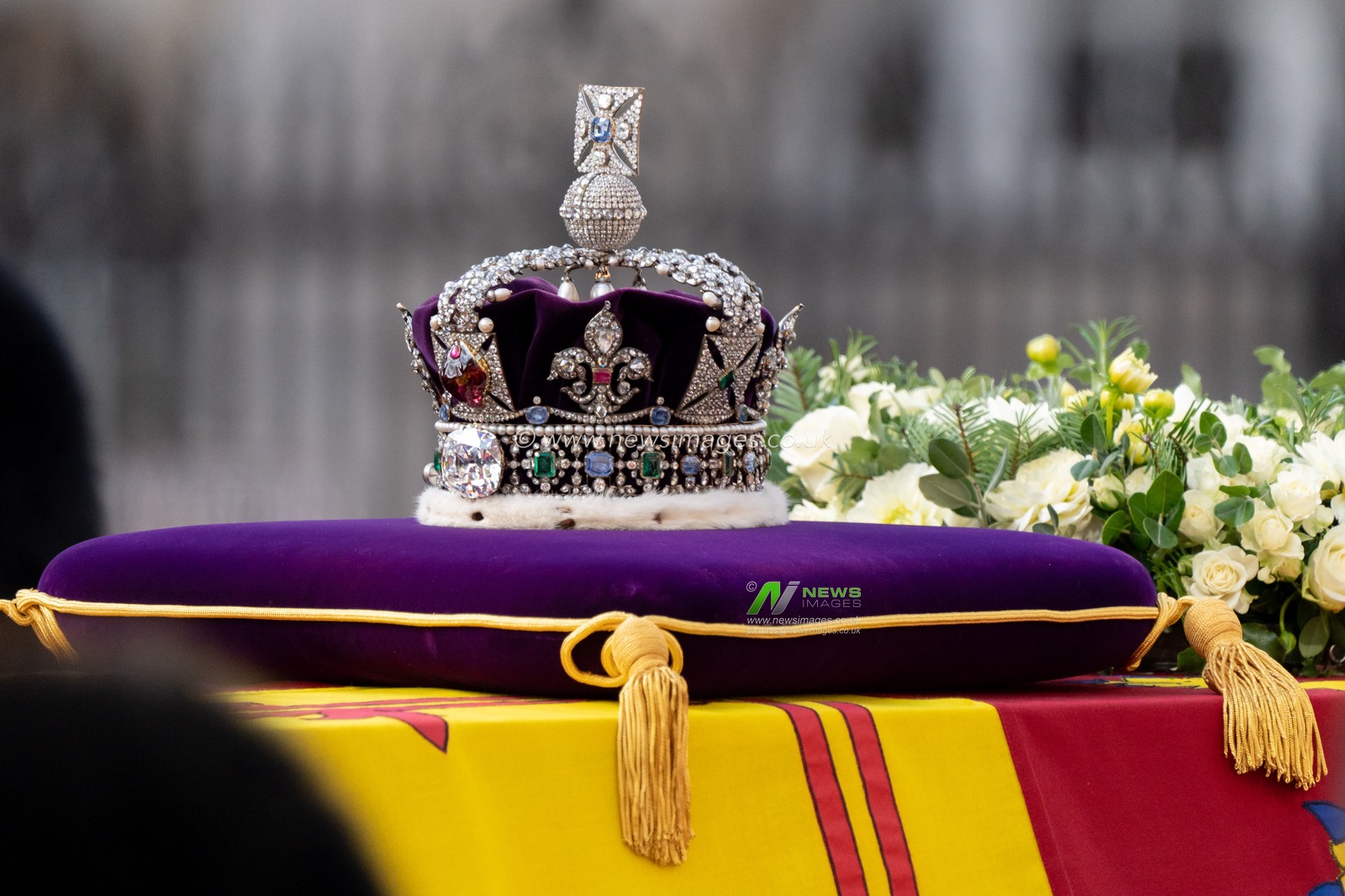 Queen Elizabeth II's coffin is taken in procession on a Gun Carriage of The King's Troop Royal Horse Artillery. The Coffin is draped with the Royal Standard with the Imperial State Crown on top followed by King Charles III and immediate Royal family at Whitehall, London, United Kingdom, 14th September 2022

(Photo by Richard Washbrooke/News Images)